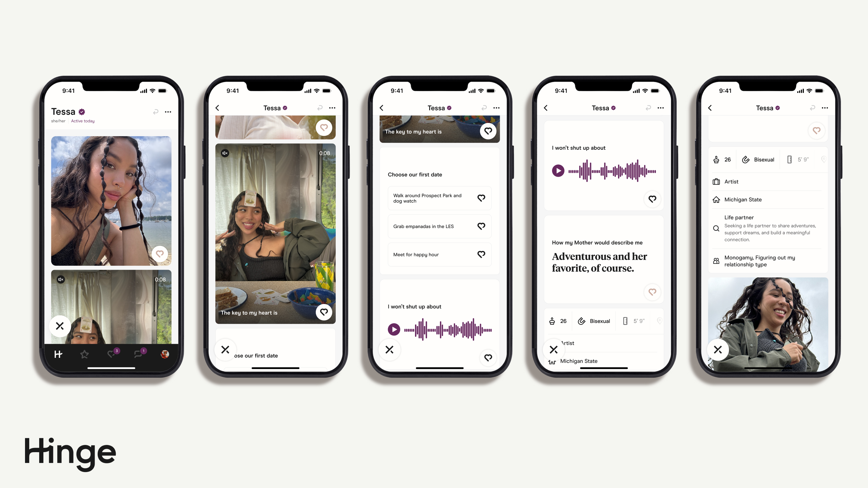 Profil détaillé Hinge avec prompts