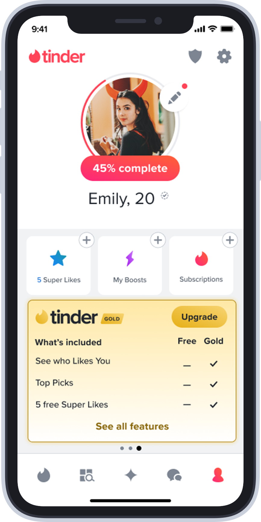 Écran profil Tinder Gold
